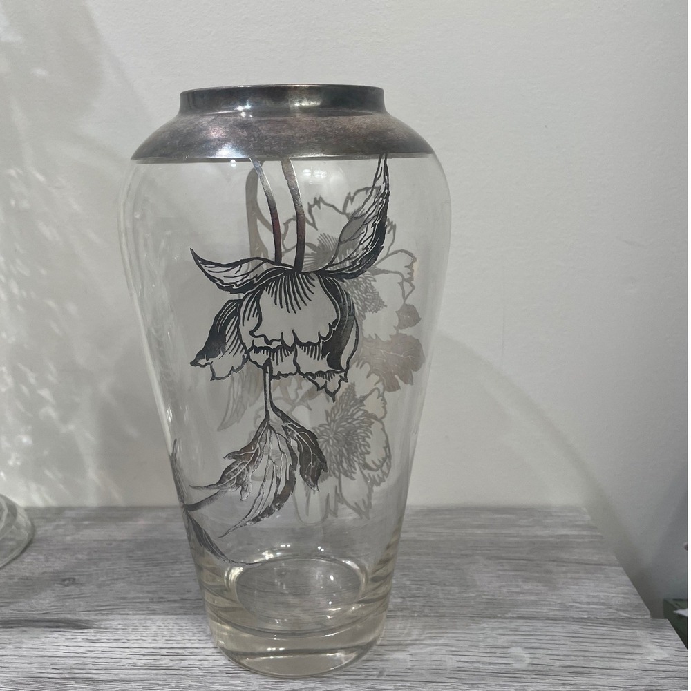 Vintage Silver‎ Overlay Glass Vase Floral Peony Art Nouveau Silver Deposit 11in